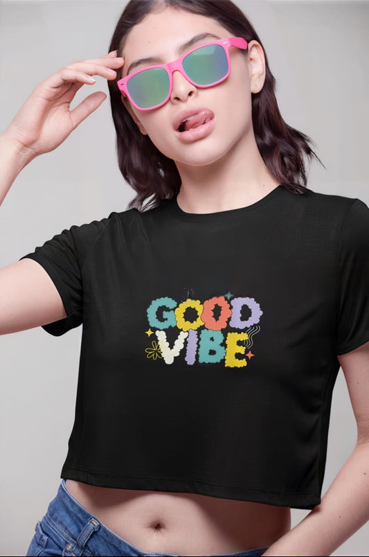 "Women's Stylish Black Crop Top - Good Vibes"