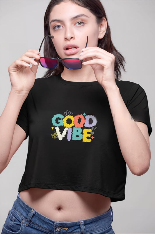 "Women's Stylish Black Crop Top - Good Vibes"